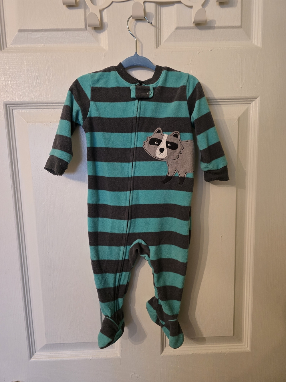Carter's Teal and Gray Striped Footed One-Piece with Raccoon Patch